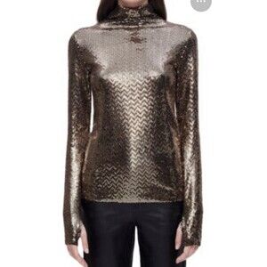 NWT NEW Maje Ligold Gold Sequined Stretch Long Sleeve Top Mock Neck Size 3 L